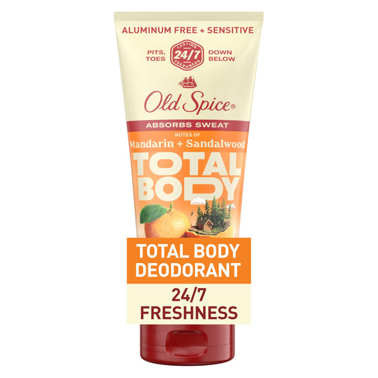 Old Spice Total Body Deodorant applied all-over for long-lasting freshness.