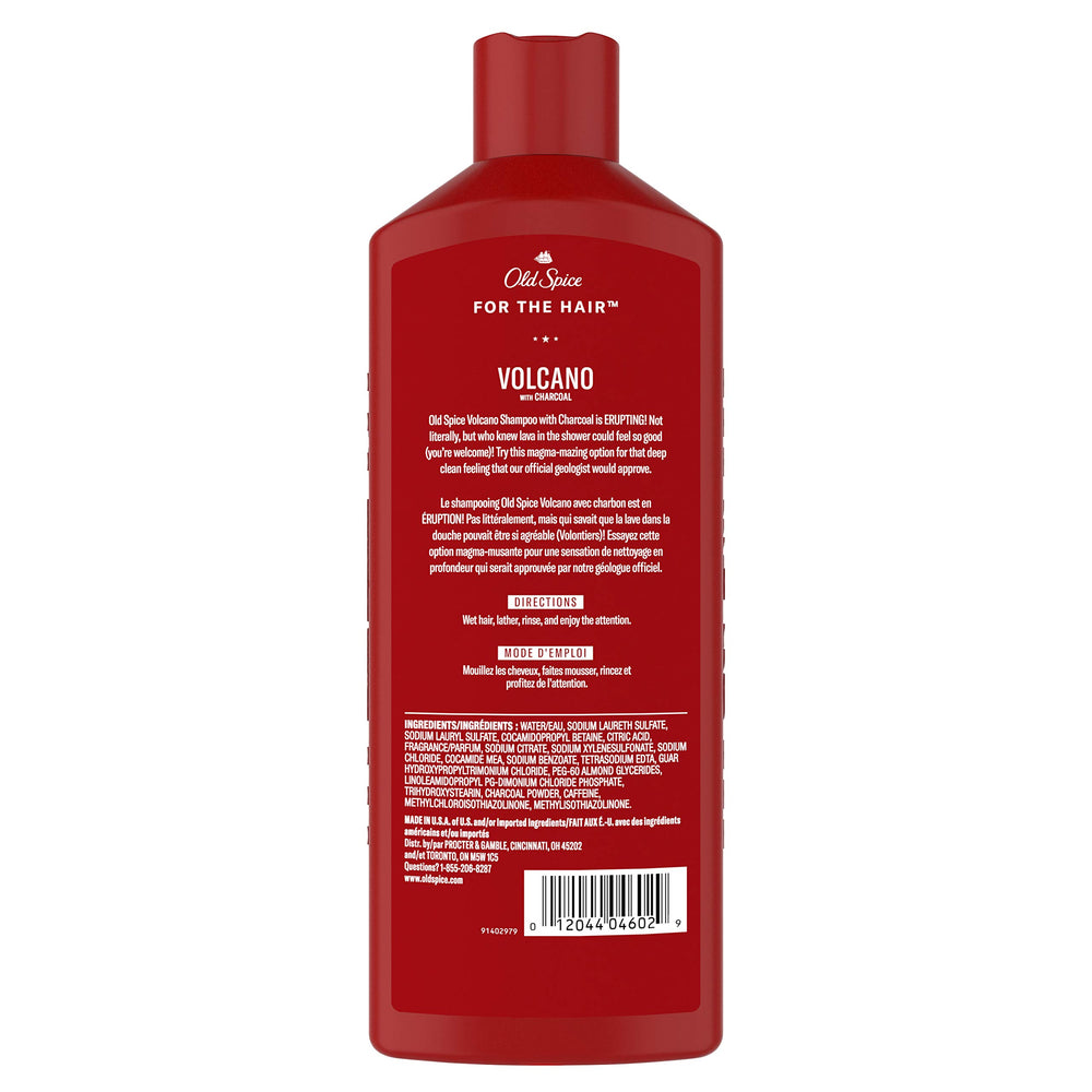 Old Spice Volcano charcoal shampoo bottle with label close-up, purifies scalp with energizing aroma