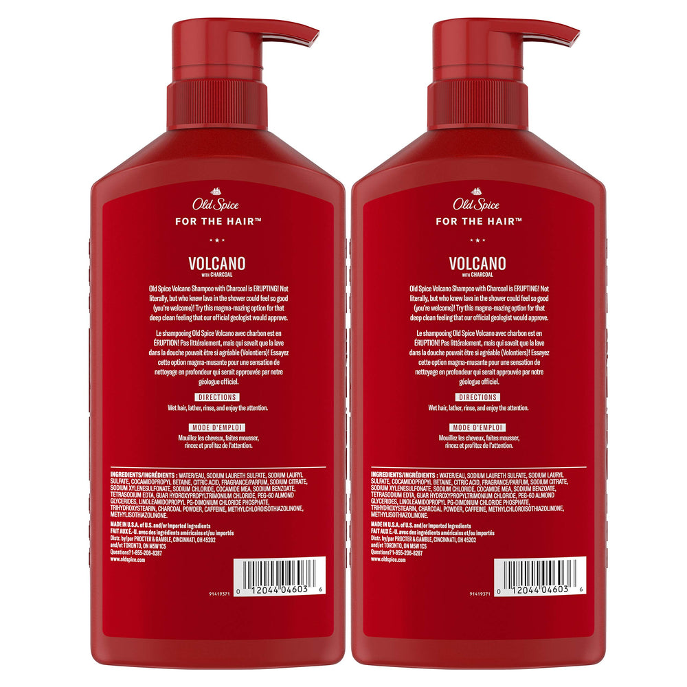 Old Spice Volcano Shampoo barbershop-quality look hints at premium grooming.