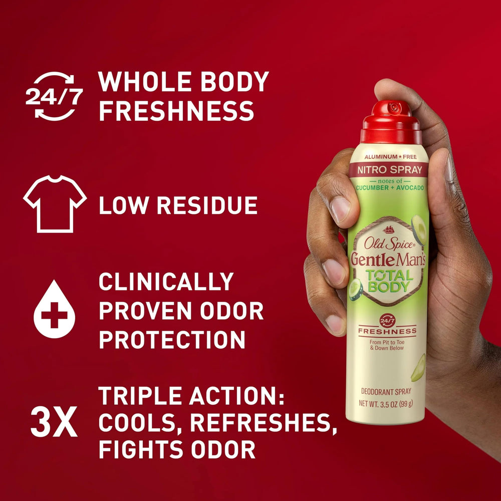 Old Spice Whole Body Spray applied to chest and underarms for comprehensive odor protection.