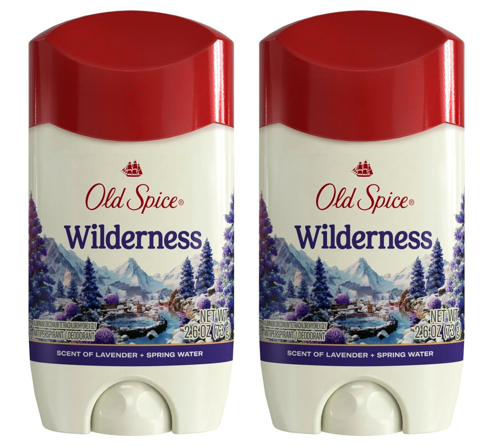 Old Spice Wilderness anti-perspirant bottle shows lavender scent for all-day freshness