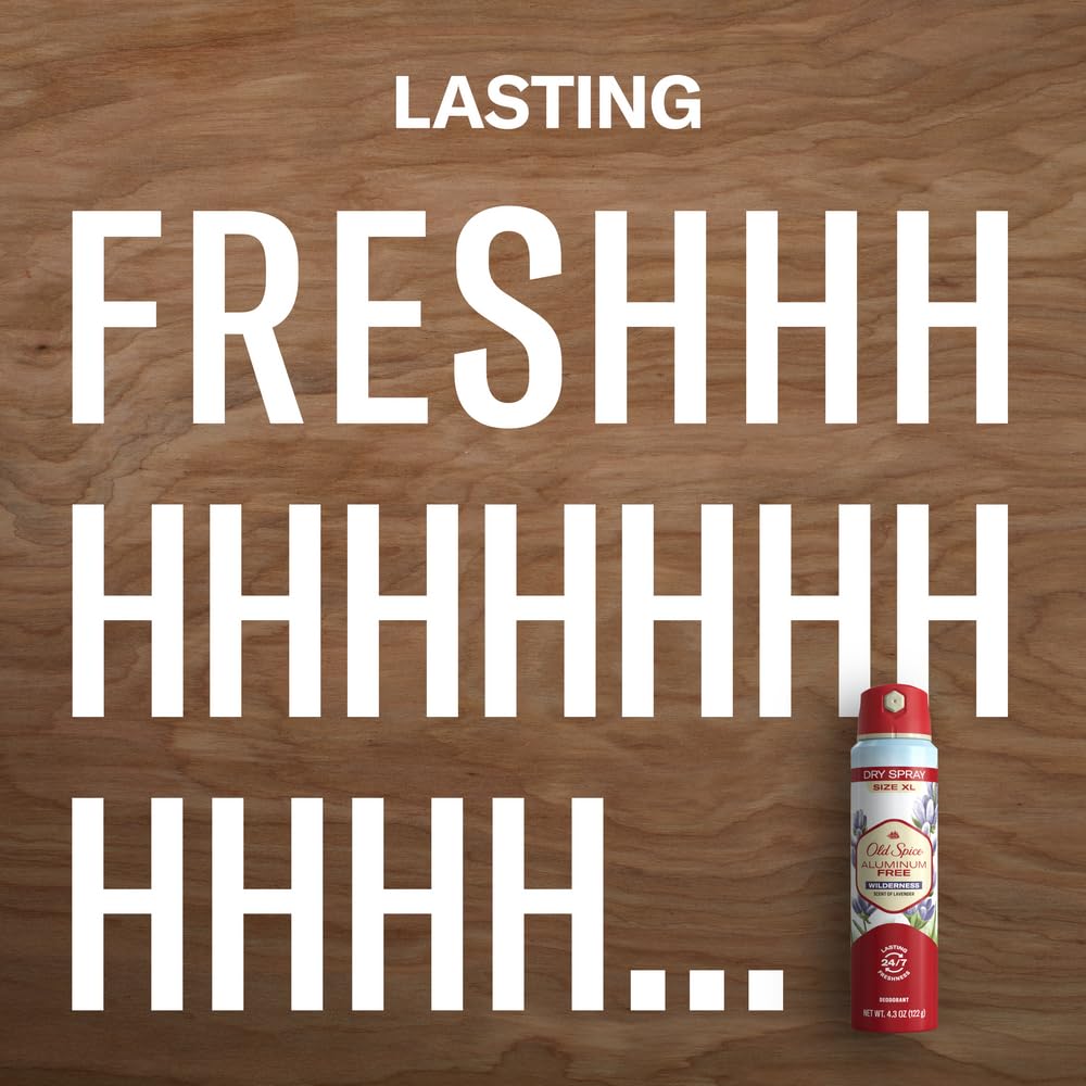 Old Spice Wilderness dry spray bottle labeled aluminum-free for daily use