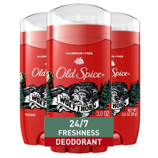 Old Spice Wolfthorn packaging showing triple-pack for lasting freshness