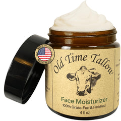 Old Time Tallow Organic Face Moisturizer in an amber glass jar for daily hydrating care