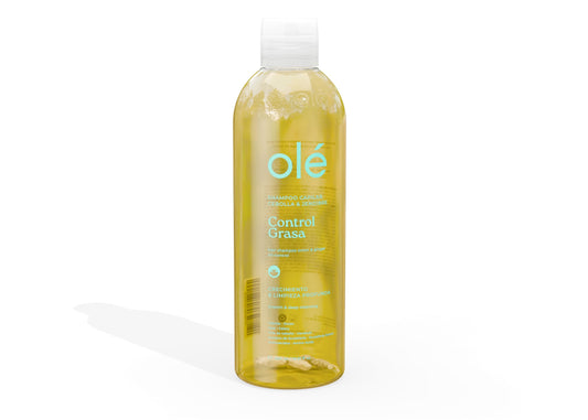 OLÉ onion-ginger shampoo bottle pour for refreshing scalp cleanse.