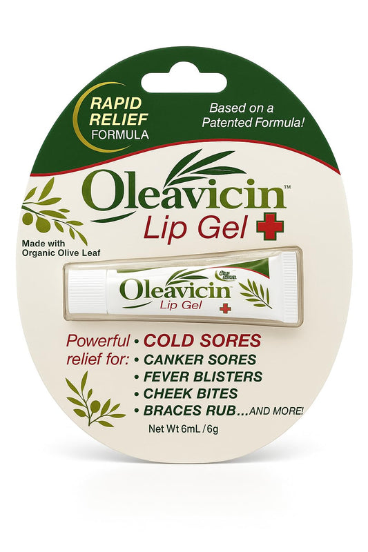 Oleavicin fever blister gel packaging shown for convenient on the go use for quick soothing relief