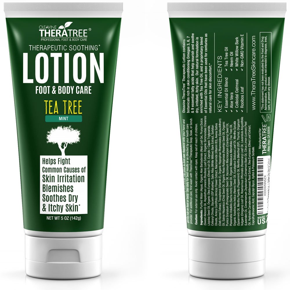 Oleavine TheraTree lotion pump showing easy application for quick relief.