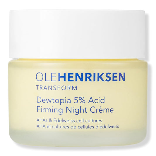 Ole Henriksen Dewtopia 5% AHA firming night crème tube highlights exfoliating action for smoother skin.