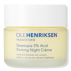 Ole Henriksen Dewtopia 5% AHA firming night crème tube highlights exfoliating action for smoother skin.