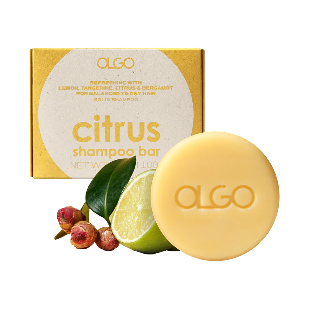 OLGO Citrus Shampoo Bar packaging highlights eco-friendly design for sustainable routines.