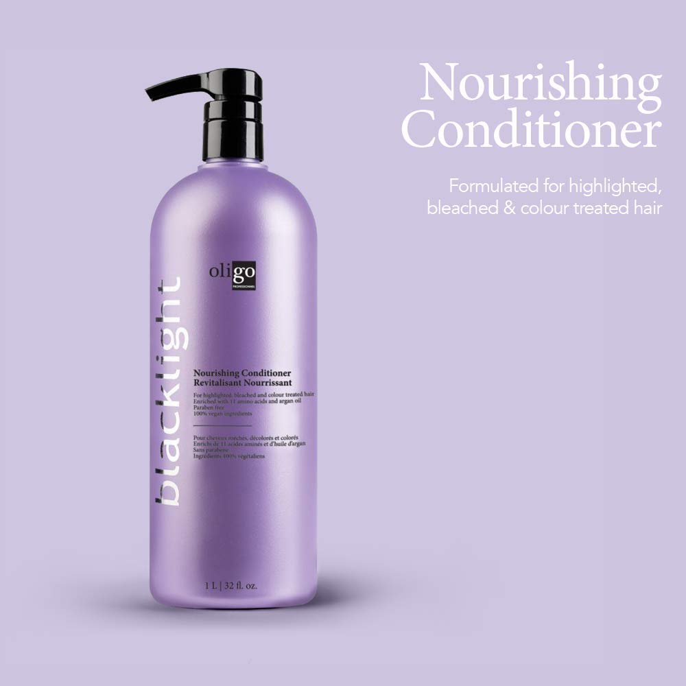 Oligo Blacklight Nourishing Conditioner bottle pour—easy dispensing while preserving color.