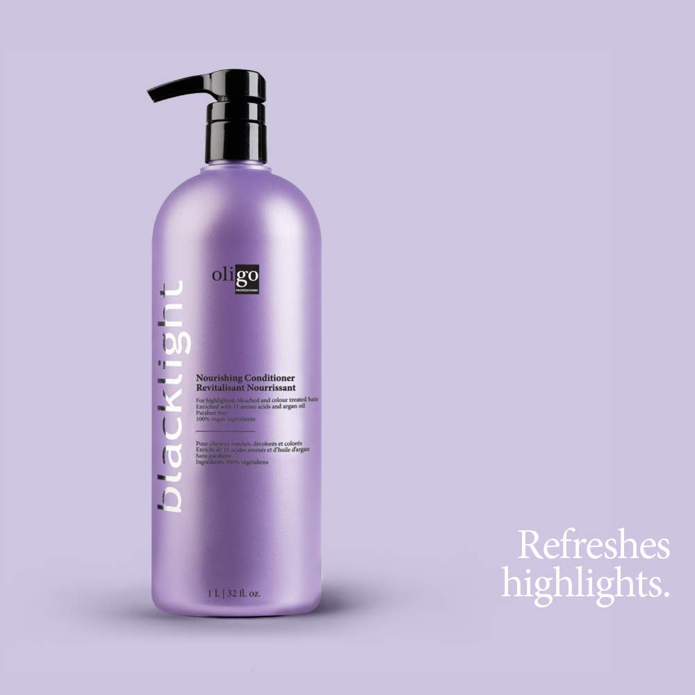 Oligo Blacklight Nourishing Conditioner label information—sulfate-free vegan color-treated care.