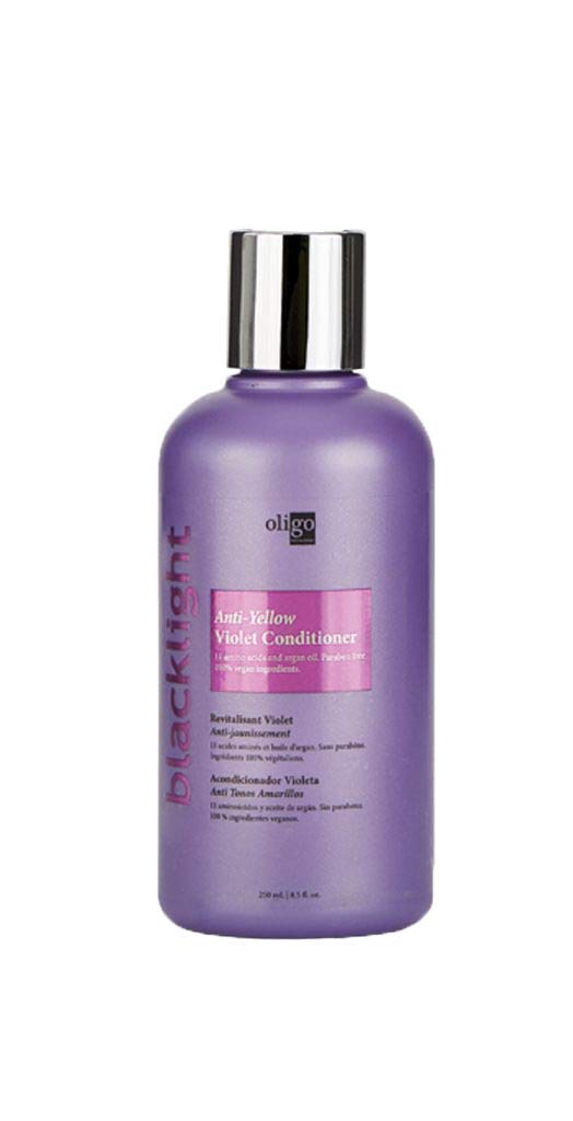 Oligo Blacklight Violet Conditioner bottle shows violet-toning for blondes