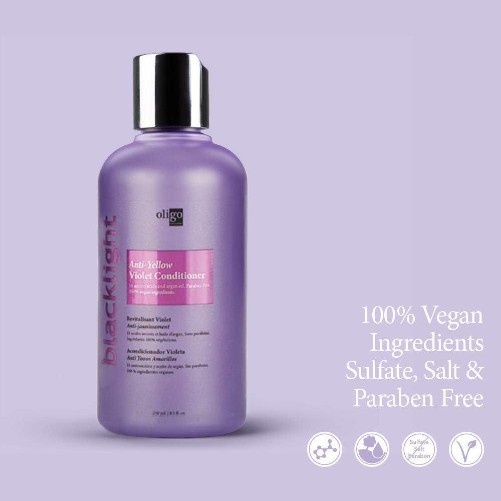 Oligo Blacklight Violet Conditioner ingredients graphic with argan oil and amino acids