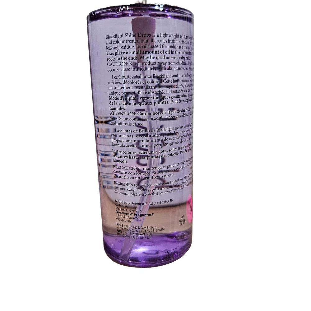 Oligo Professionnel Blacklight Shine Drops argan-oil-inset communicates nourishing care for damaged ends.