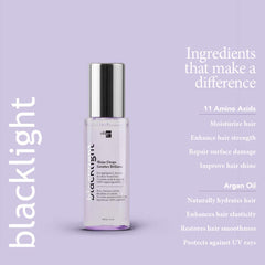 Oligo Professionnel Blacklight Shine Drops on-hair-damp demonstrates instant shine and conditioning on damp strands.