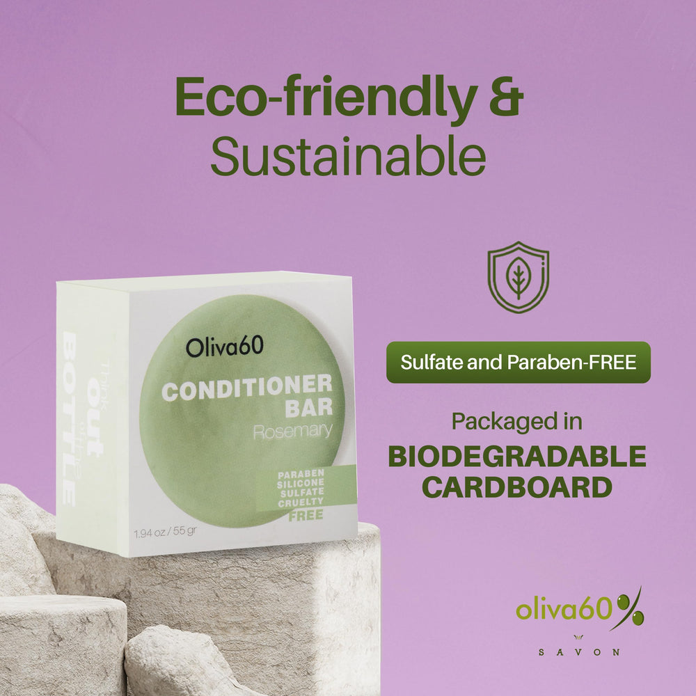 Oliva60 Rosemary Conditioner Bar ingredients showcase olive, argan, macadamia oils for nourishment.