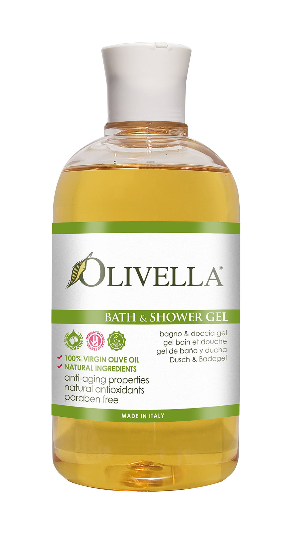 Olivella Virgin Olive Oil bath gel bottle showing nourishing formula for dry skin