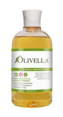 Olivella Virgin Olive Oil bath gel bottle showing nourishing formula for dry skin