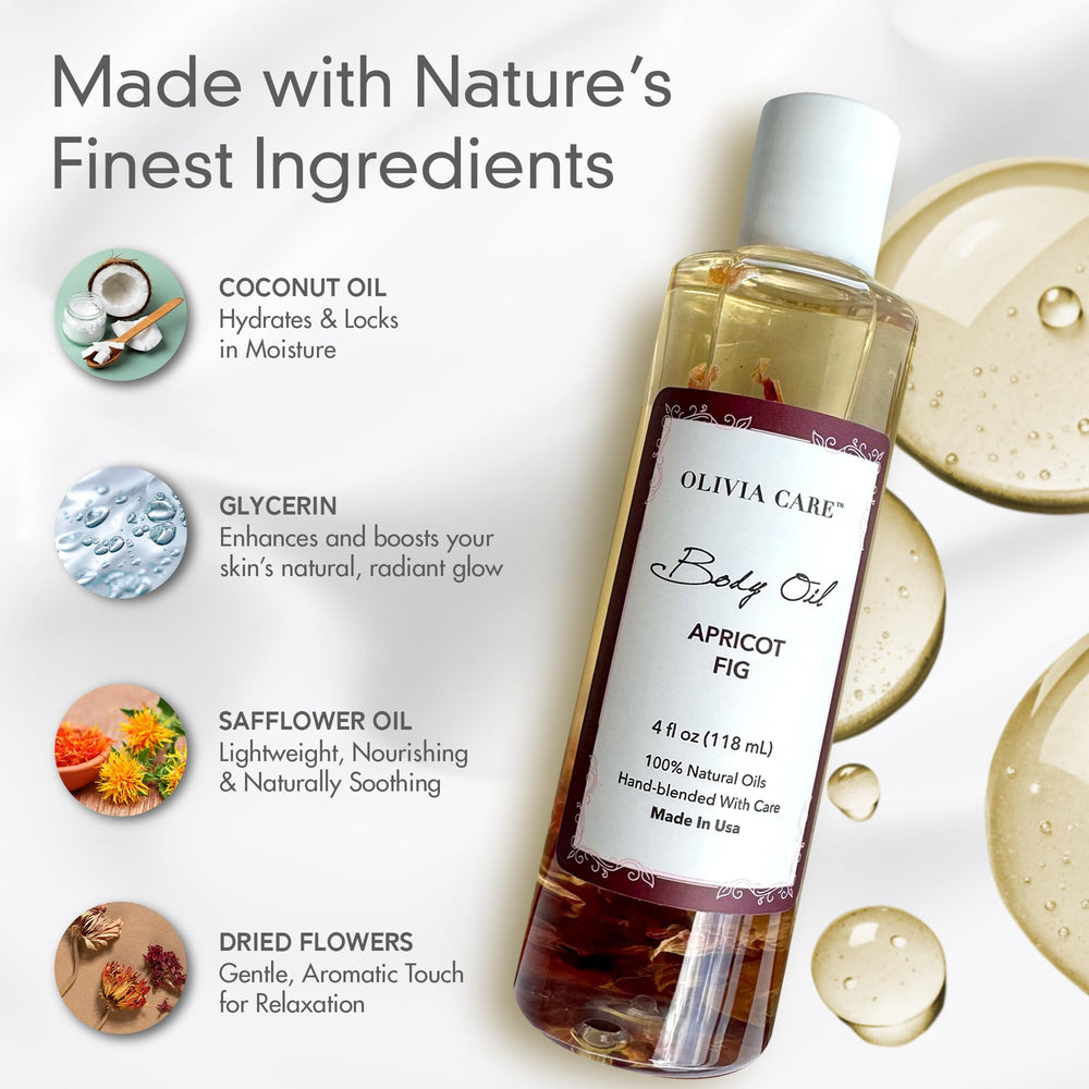 Olivia Care Apricot Fig Body Oil being massaged onto skin.