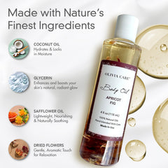 Olivia Care Apricot Fig Body Oil being massaged onto skin.
