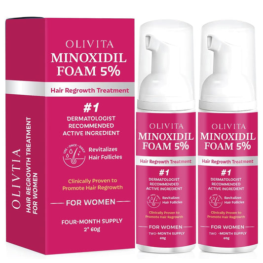 OLIVITA 5% Minoxidil Foam bottle close-up for easy at-home use and discreet daily application