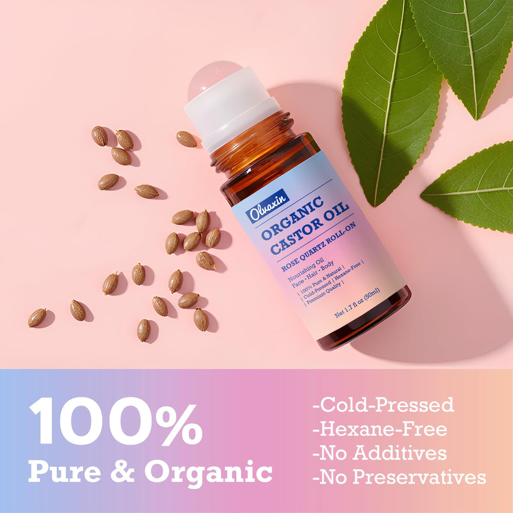 Olvaxin castor oil roll-on application on skin and hair.