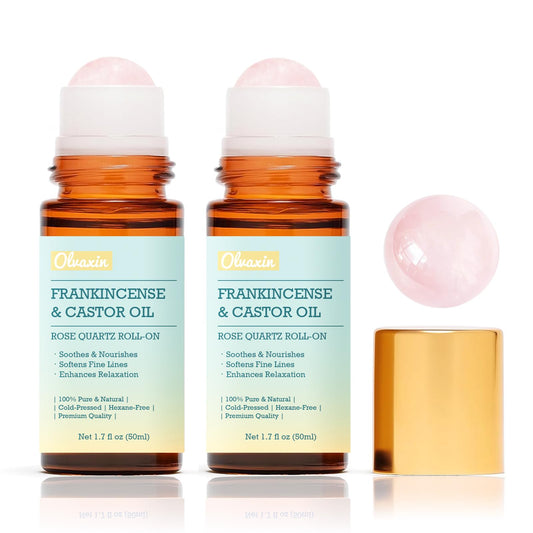 Olvaxin frankincense-castor roll-on 2-pack close-up, lightweight moisture for face and body.