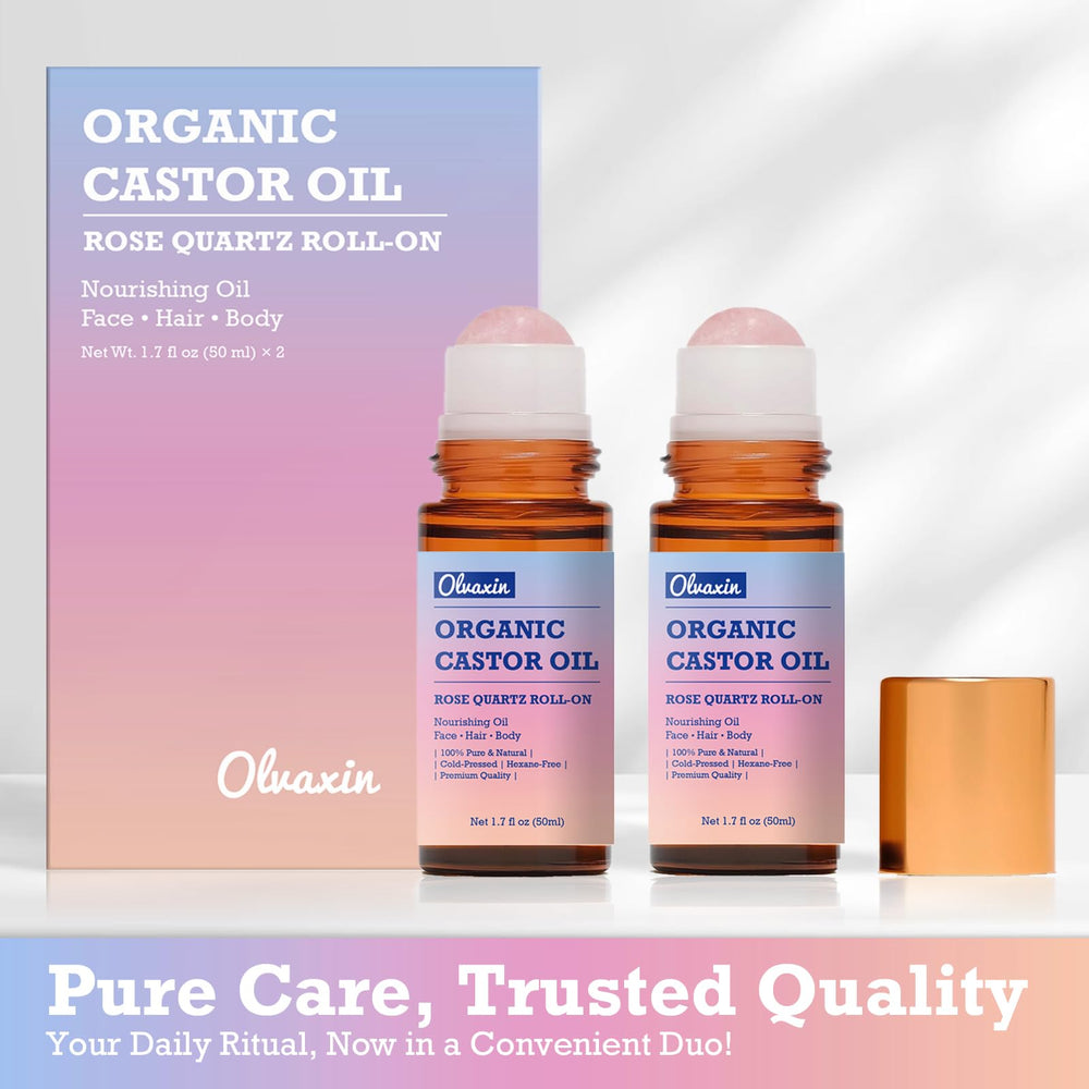 Olvaxin rose quartz roller head for smooth oil application.