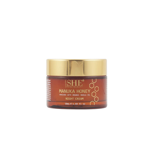 Om She Aromatherapy Manuka Night Cream jar closeup shows hydration-rich formula.