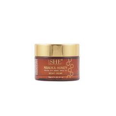 Om She Aromatherapy Manuka Night Cream jar closeup shows hydration-rich formula.
