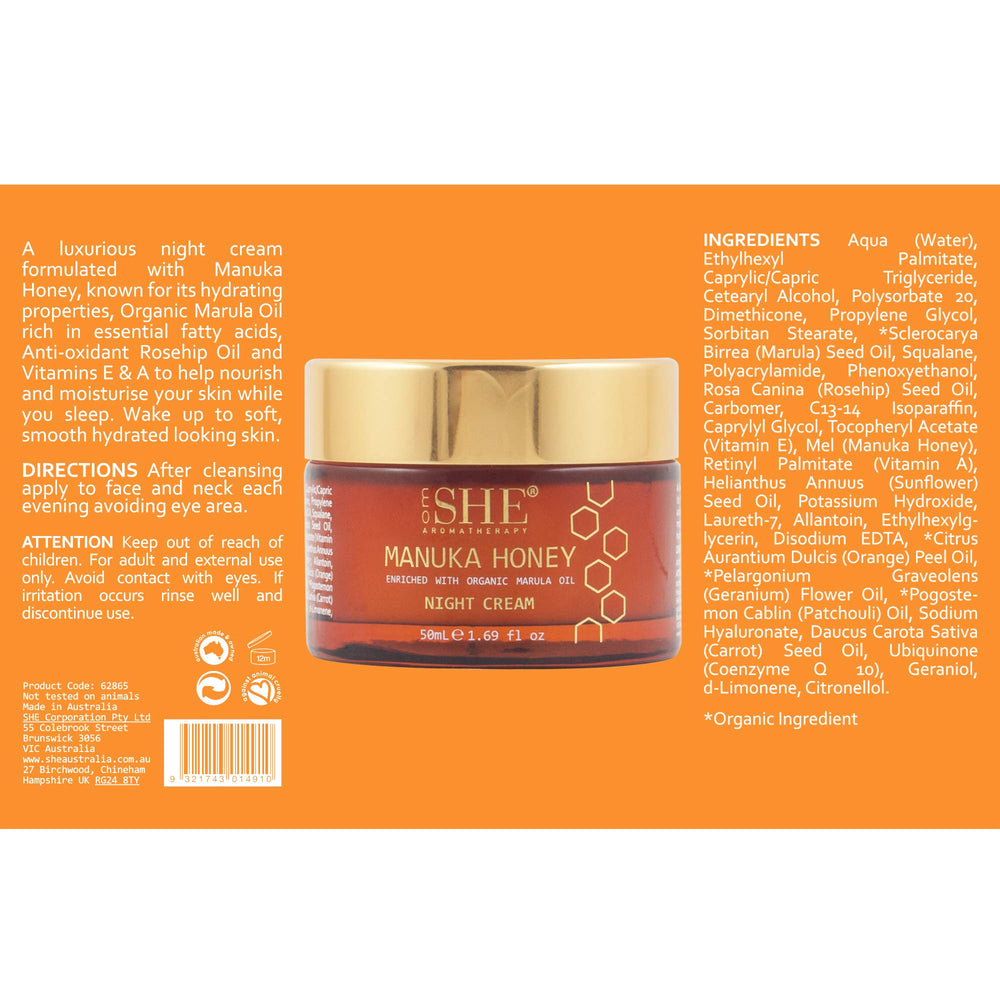 Om She Paraben-free label signals clean, skin-friendly night care.
