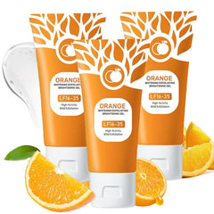 Omexry Orange Exfoliating Gel Scrub bottle demonstrates gentle cleansing with purifying enzymes.