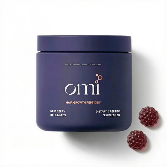 OMI Hair Growth Peptides Gummies bottle closeup highlighting trusted formula for daily use.