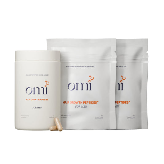 OMI WELLBEAUTY men's hair growth peptides bottle highlighting advanced peptides for follicle support.