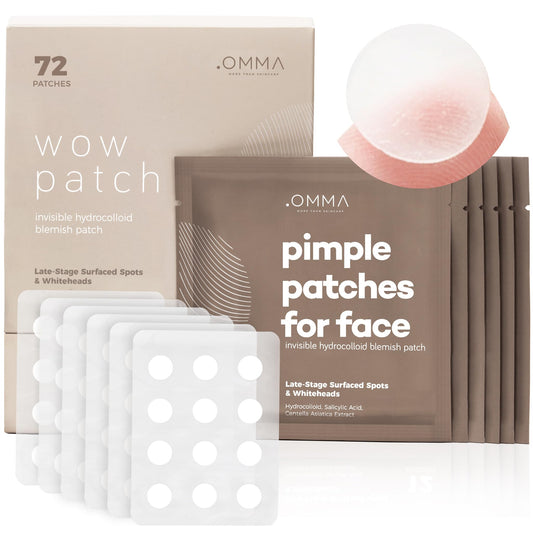 OMMA Korean Pimple Patches closeup showing fast-acting hydrocolloid action on a whitehead