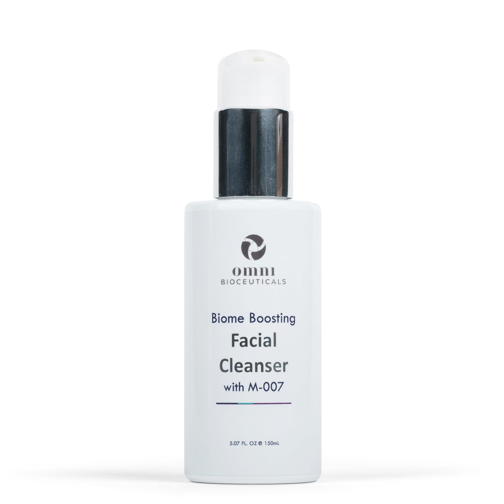 Omni Bioceuticals Biome Boosting Cleanser bottle shows a hydrating gel formula for daily use.
