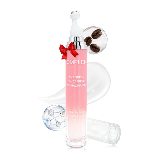 Omplen 5% caffeine eye serum bottle with cooling roller may help reduce puffiness.