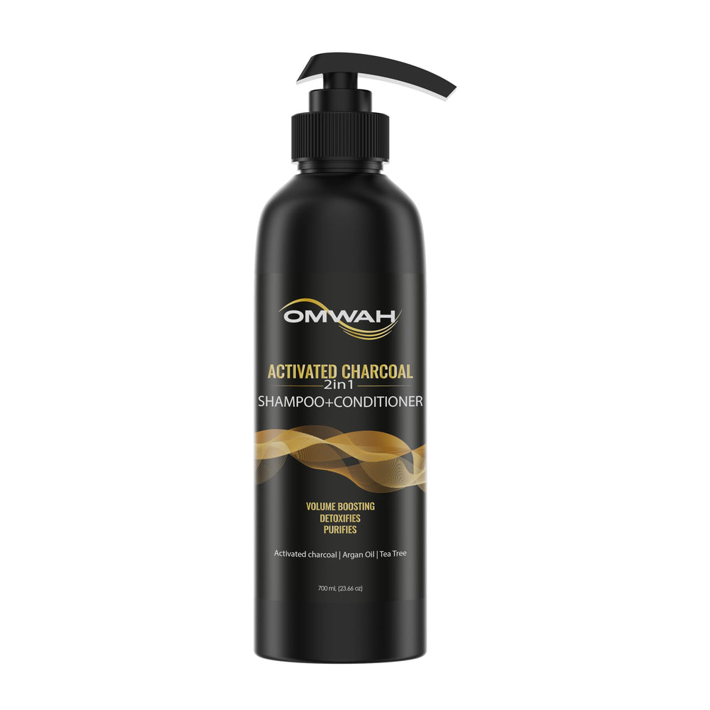 OMWAH 2-in-1 charcoal shampoo bottle shows detoxifying formula for clean, refreshed hair