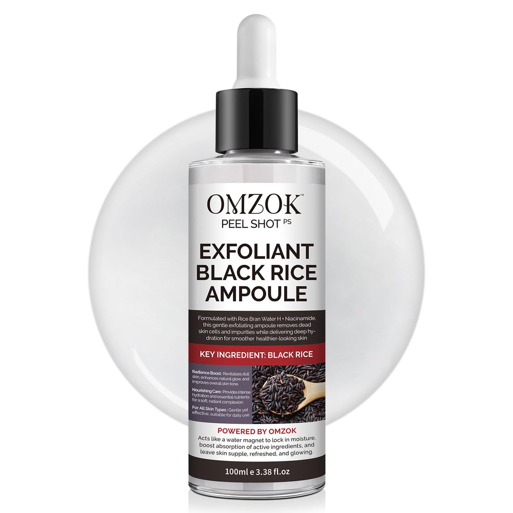 OMZOK Peel Shot Glow Rice Ampoule bottle held for at-home exfoliation