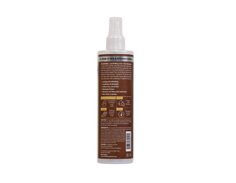 On Natural Curl-N-Wavy product packaging highlighting 4-in-1 benefits.