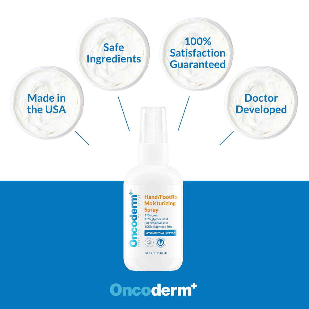 Oncoderm Hand FootRx spray features botanicals and ceramides for nourishment.