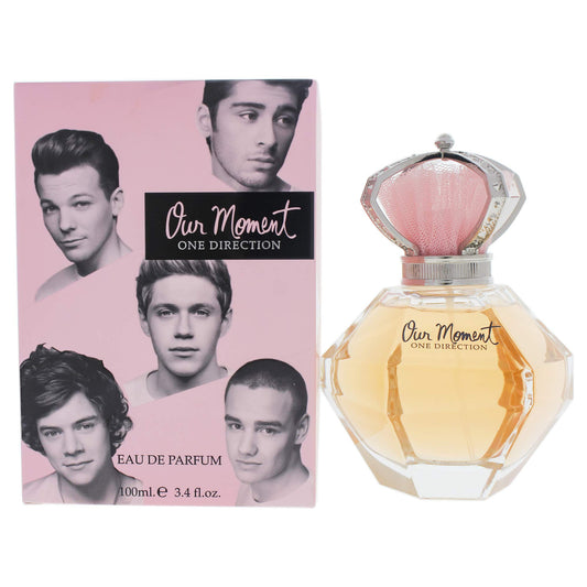 One Direction Our Moment eau de parfum spray bottle close-up highlighting long-lasting wear.