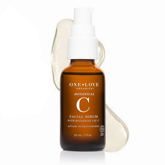 One Love Organics Botanical C Serum bottle promotes radiant hydration for daily glow.