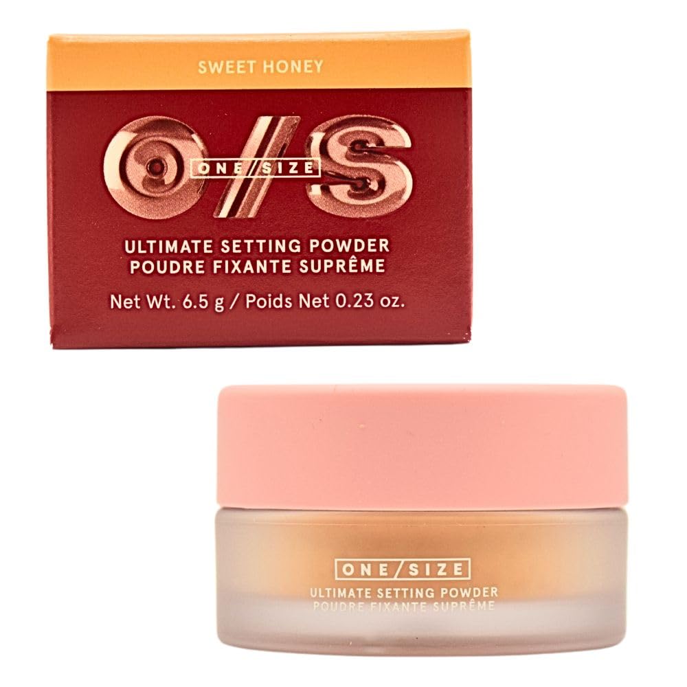 One/Size Mini Ultimate Loose Setting Powder Sweet Honey tin close-up for shine control.