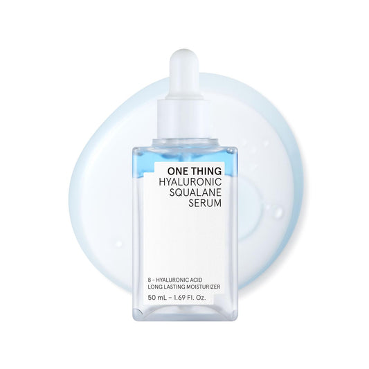 ONE THING Hyaluronic Squalane Serum bottle delivers instant hydration with a lightweight feel.