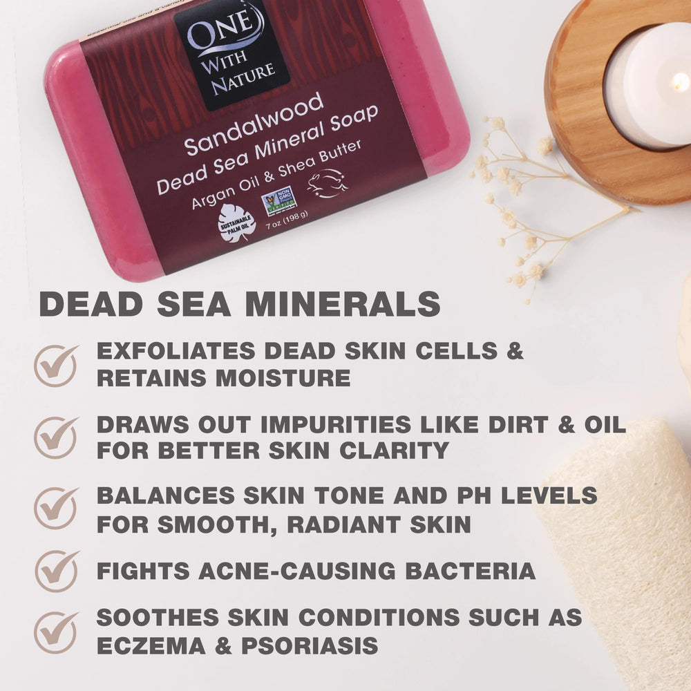 One With Nature Dead Sea Salt Sandalwood Soap ingredients include shea butter and argan oil for gentle care