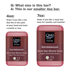 One With Nature Dead Sea Salt Sandalwood Soap on sink, exfoliating lather with sandalwood aroma