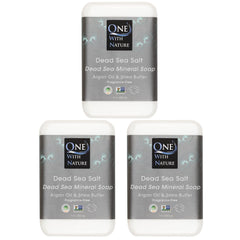One With Nature Dead Sea Salt Soap closeup, mineral-rich formula for purifying and exfoliating skin