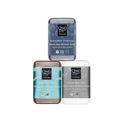 One With Nature Dead Sea Soap 3pk packshot for versatile face and body cleansing.